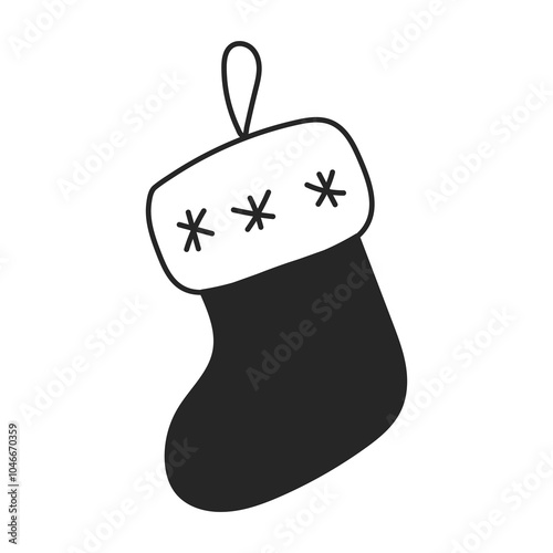 Christmas Stocking Hanging on Loop Doodle Icon. Hand drawn Xmas decoration design element with snowflakes. Cartoon sketch vector illustration
