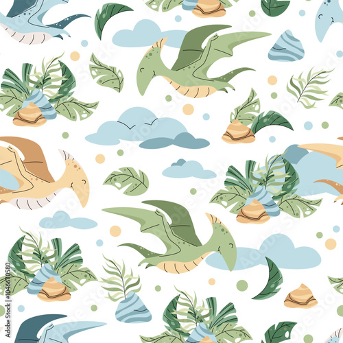 Seamless pattern with cute dinosaurs in flat style. Endless texture with flying pterodactyl with clouds and tropical plants. Childish background for fabric, wallpaper, wrapping paper, scrapbooking etc