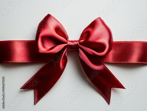 Decorative shiny atlas red ribbon with bow isolated on white background. Red band satin strip for Valentine's, birthday gift. Wrapping for Christmas party, Father's, Women's day gift. Black friday. photo