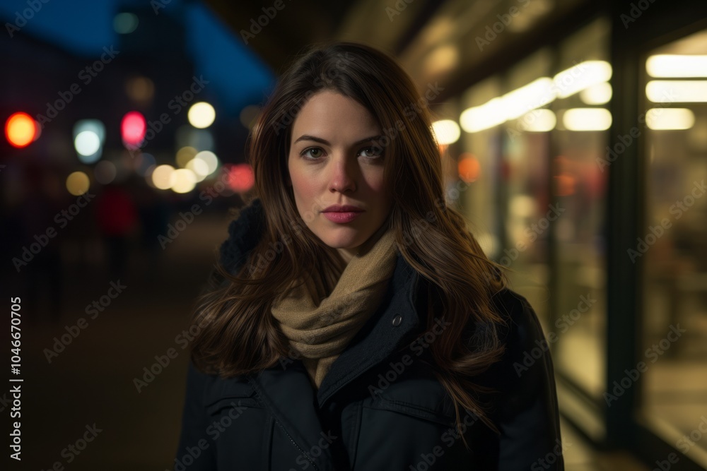 Pretty brunette woman in a city at night with lights in the background Pretty brunette woman in a city at night with lights in the background