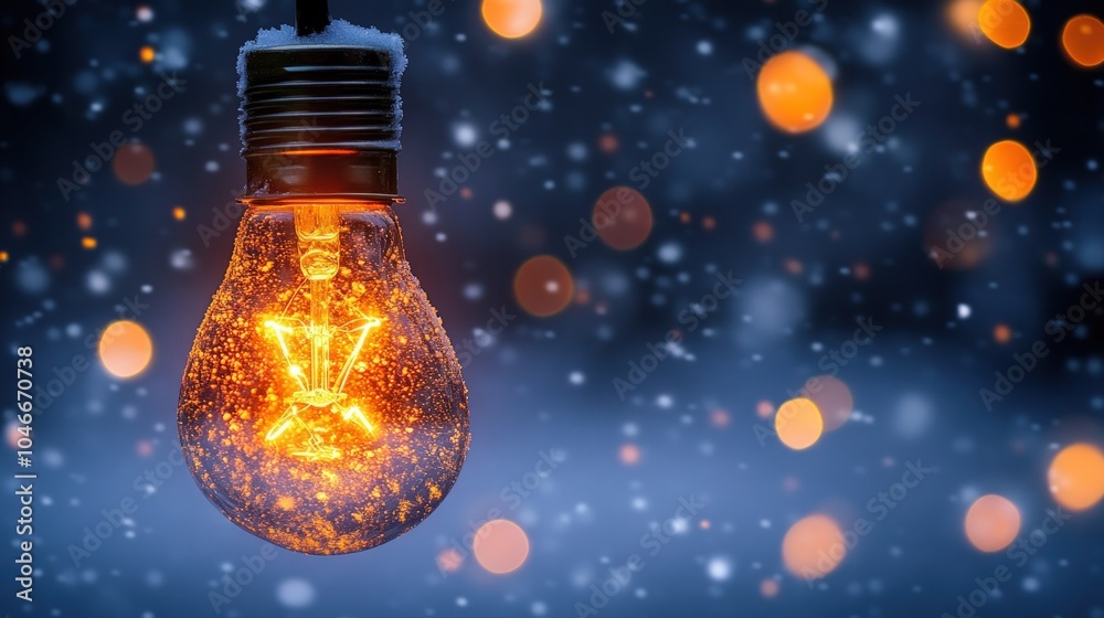 A glowing light bulb covered in snow hangs against a background of falling snow and blurred lights. A glowing light bulb covered in snow hangs against a background of falling snow and blurred lights.