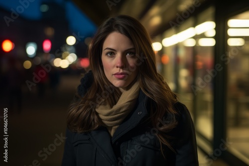 Pretty brunette woman in a city at night with lights in the background