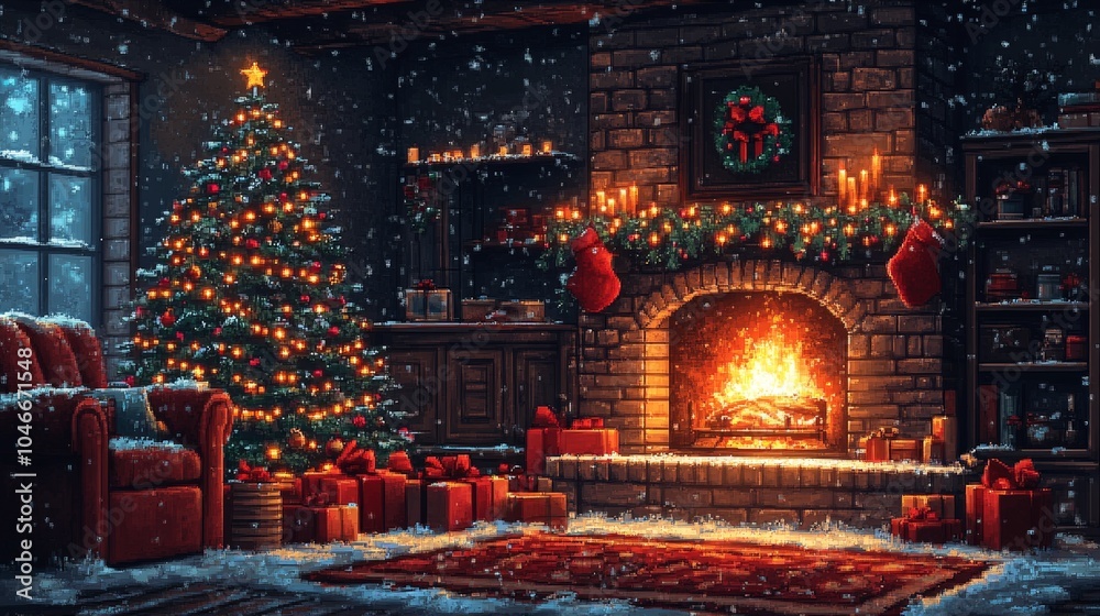 Pixel Art Christmas Living Room Scene with Tree, Gifts, Fireplace and Decorations Pixel Art Christmas Living Room Scene with Tree, Gifts, Fireplace and Decorations
