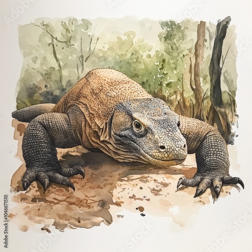 A detailed illustration of a Komodo dragon in a natural setting, showcasing its scales and environment. photo