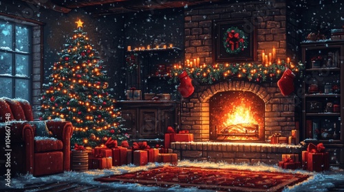 Pixel Art Christmas Living Room Scene with Tree, Gifts, Fireplace and Decorations