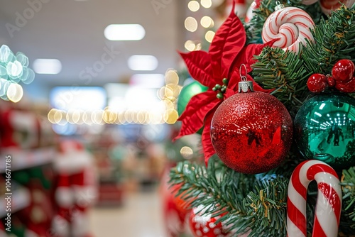 Close up of a Christmas tree ornaments in a supermarket