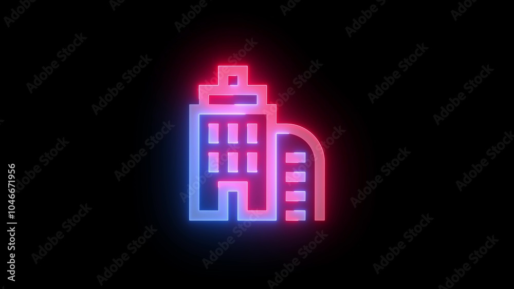 Neon symbol icon, Neon city building icon blue red color glowing black background