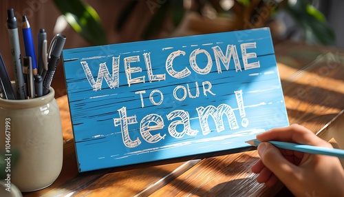Welcome to Our Team sign with blue hand lettering, office desk, onboarding decoration