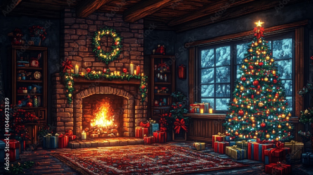 Pixel Art Christmas Living Room Scene with Tree, Gifts, Fireplace and Decorations Pixel Art Christmas Living Room Scene with Tree, Gifts, Fireplace and Decorations