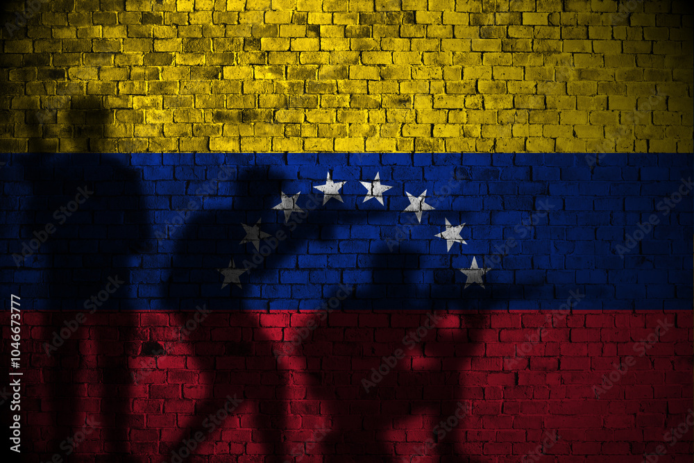 venezuela flag on brick wall and soldiers shadow venezuela flag on brick wall and soldiers shadow