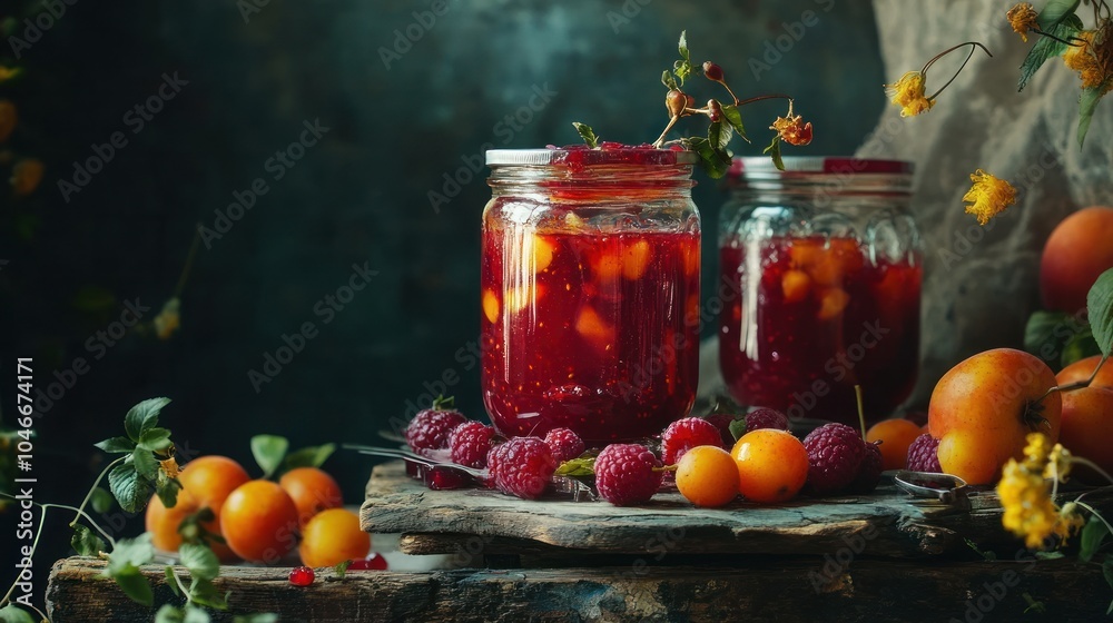 Homemade Raspberry Jam in Glass Jars Homemade Raspberry Jam in Glass Jars