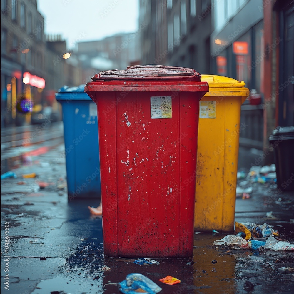 Urban Scene with Colorful Trash Bins in a City Alley Urban Scene with Colorful Trash Bins in a City Alley