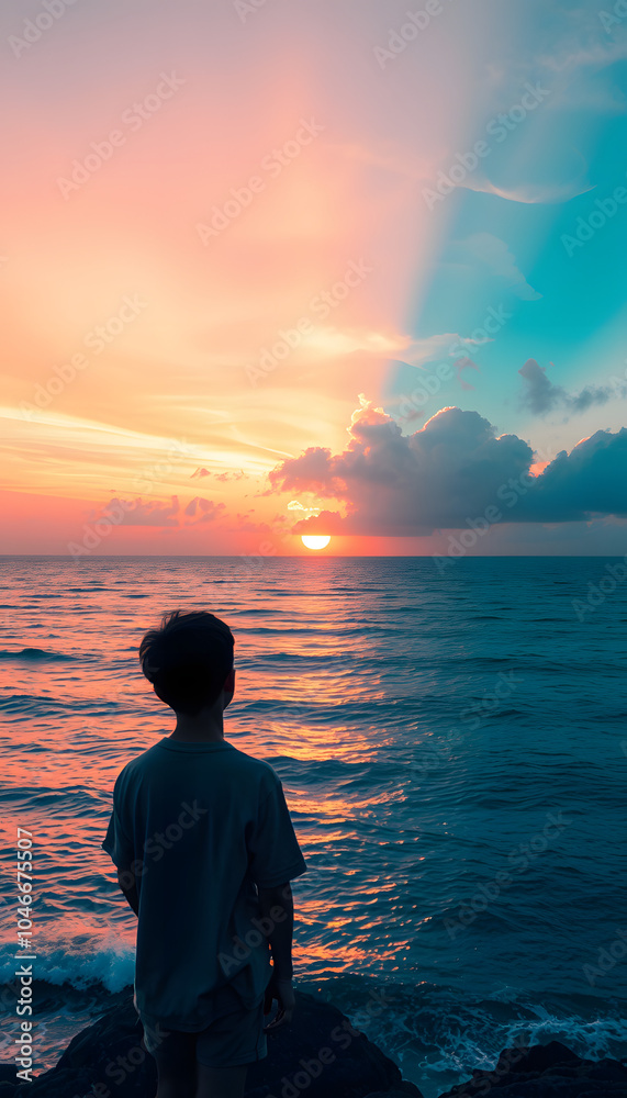 Lonely boy watching sunset across the ocean with white shades, png Lonely boy watching sunset across the ocean with white shades, png