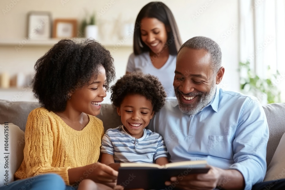 Grandparents reading a book with their grandchildren by the fireplace Grandparents reading a book with their grandchildren by the fireplace