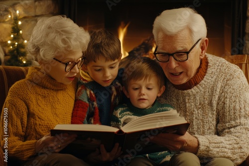 Grandparents sharing family photos with grandchildren