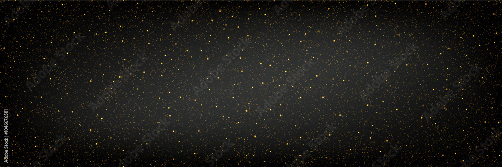 Seamless pattern with gold dust stars on dark gradient bg. Glowing noise texture. Festive sparkling luxury background. Vector illustration with overlay effect of shimmering powder