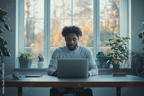 A minimalist office featuring AI-based software enabling a person with a disability to control a laptop. Generative AI photo