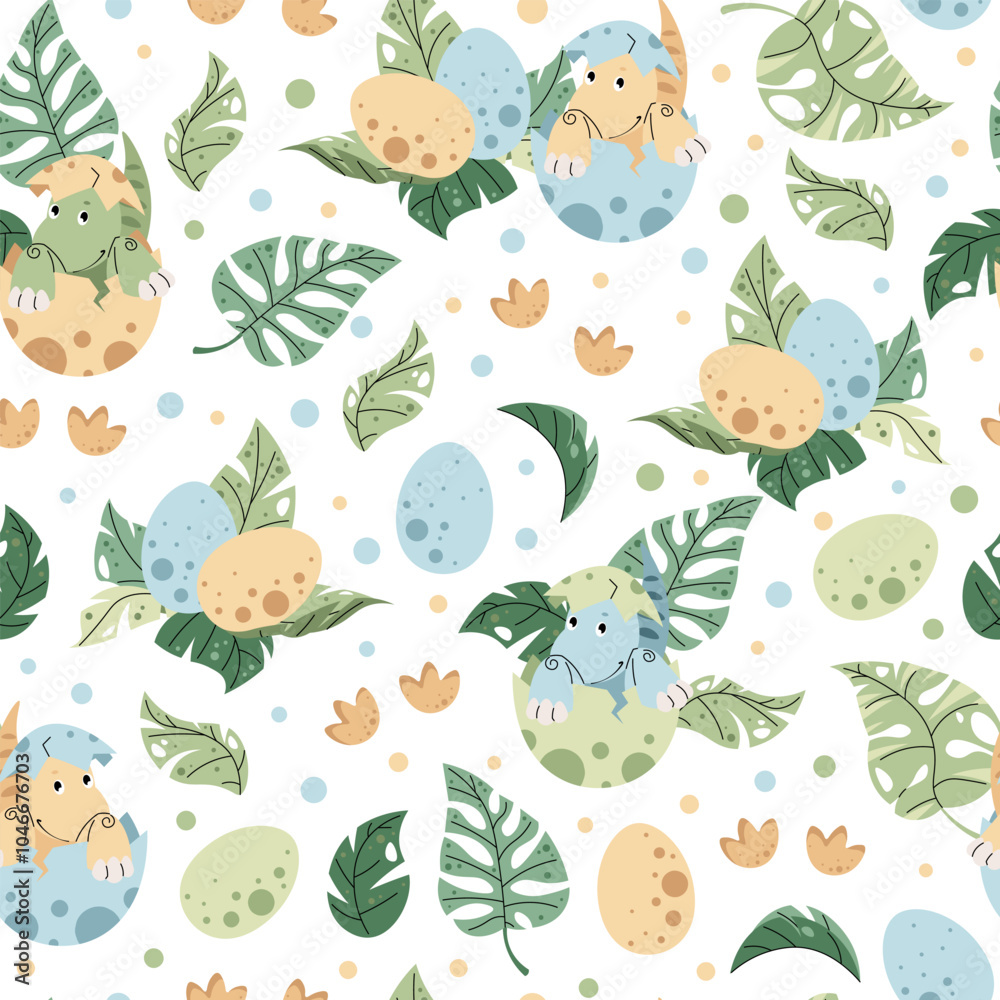Fotografie Seamless pattern with cute dinosaurs in an egg in flat style