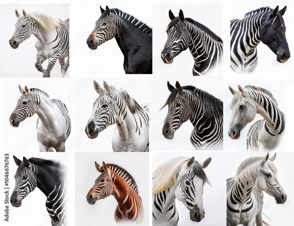 Obraz premium collection, cheval, zébré, zèbre, zebras, étalon, équitation, animal, mammifère, blanc, isolé, noir, sauvage, faune, jardin zoologique, nature, vecteur, rayes, cheval, bande, animal, illustration, tig