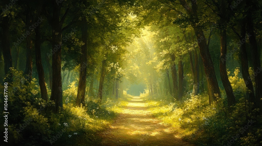 Forest path with dappled sunlight Forest path with dappled sunlight