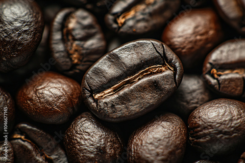 Closeup fresh roasted Arabian or aroma coffee beans background. Food pattern. Love organic coffee concept backdorp. Top view, flat lay with copy space for cafe advertising, package design photo