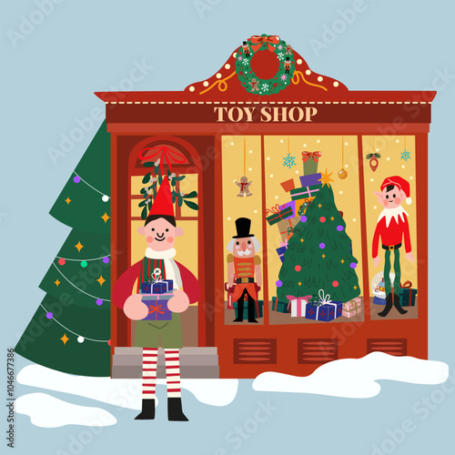 Christmas Toy shop cute facade. Decorated and illuminated cozy showcase. Vintage Christmas toy store for greetings cards. Toy shop concept with nutcracker, gift boxes, Christmas tree and cute Elf