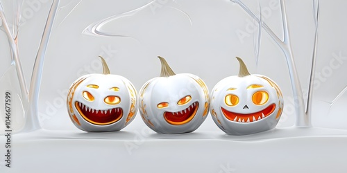 Three cheerful 3D Halloween pumpkins in a spooky setting, 3D cartoon illustration photo