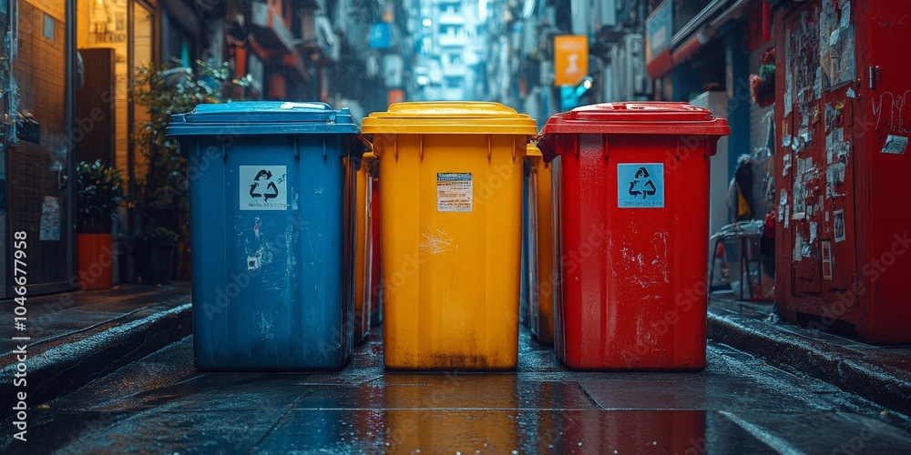 Urban Scene with Colorful Trash Bins in a City Alley Urban Scene with Colorful Trash Bins in a City Alley