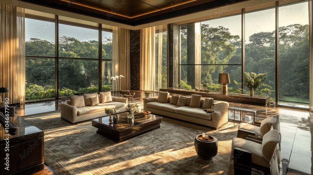 Fototapeta premium Elegant living room with large windows overlooking a lush landscape.