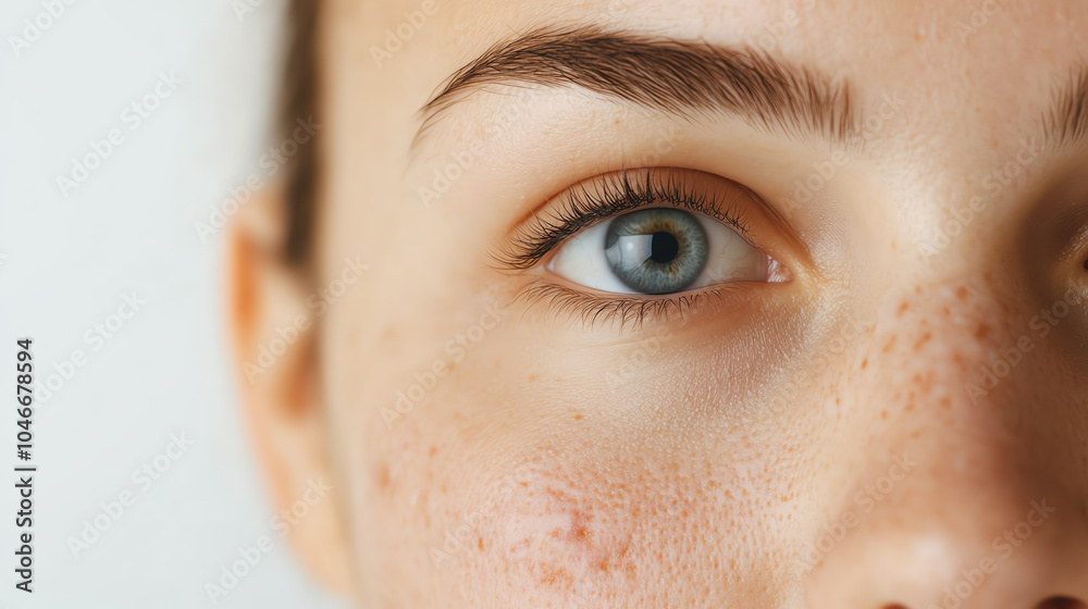 Naklejka premium Close-up of a person's eye showcasing natural beauty, with freckles and clear blue iris, highlighting the texture and details of the skin.
