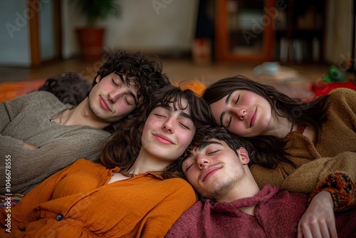 Grupo de amigos abrazándose con alivio y emoción tras superar un desafío, reflejando conexión y logro colectivo.






 photo