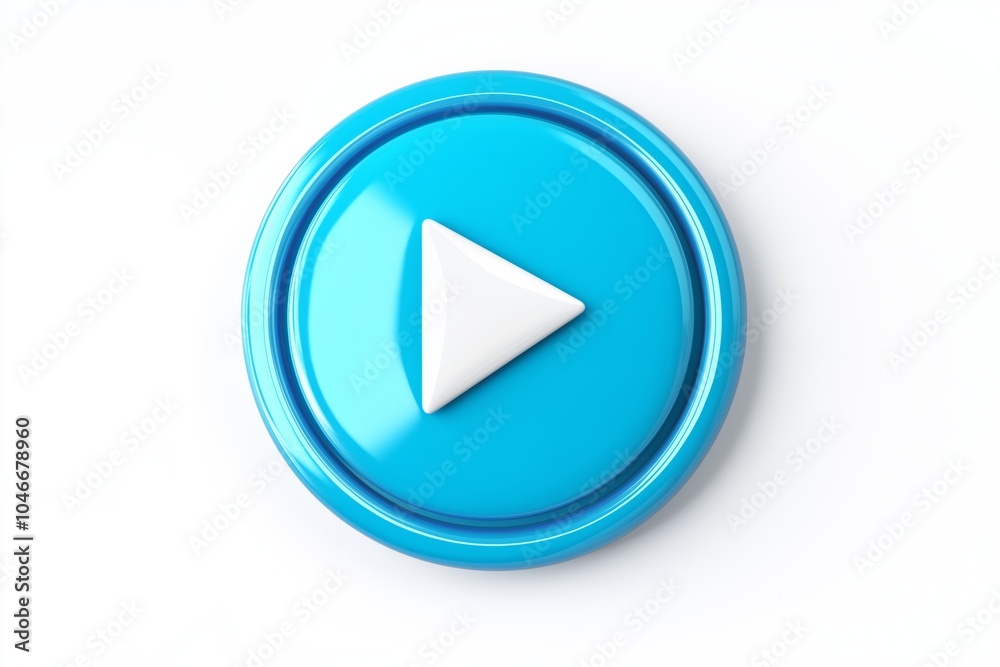 A round blue 3D play button with a white triangle, glossy surface, and clean design A round blue 3D play button with a white triangle, glossy surface, and clean design