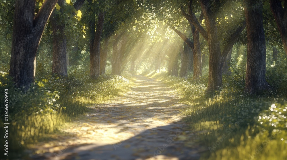 Obraz premium Forest path with sunlight filtering through the trees
