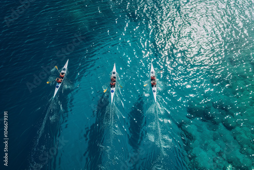  Aerial drone view of synchronized canoe rowing team competing in vast blue sea photo