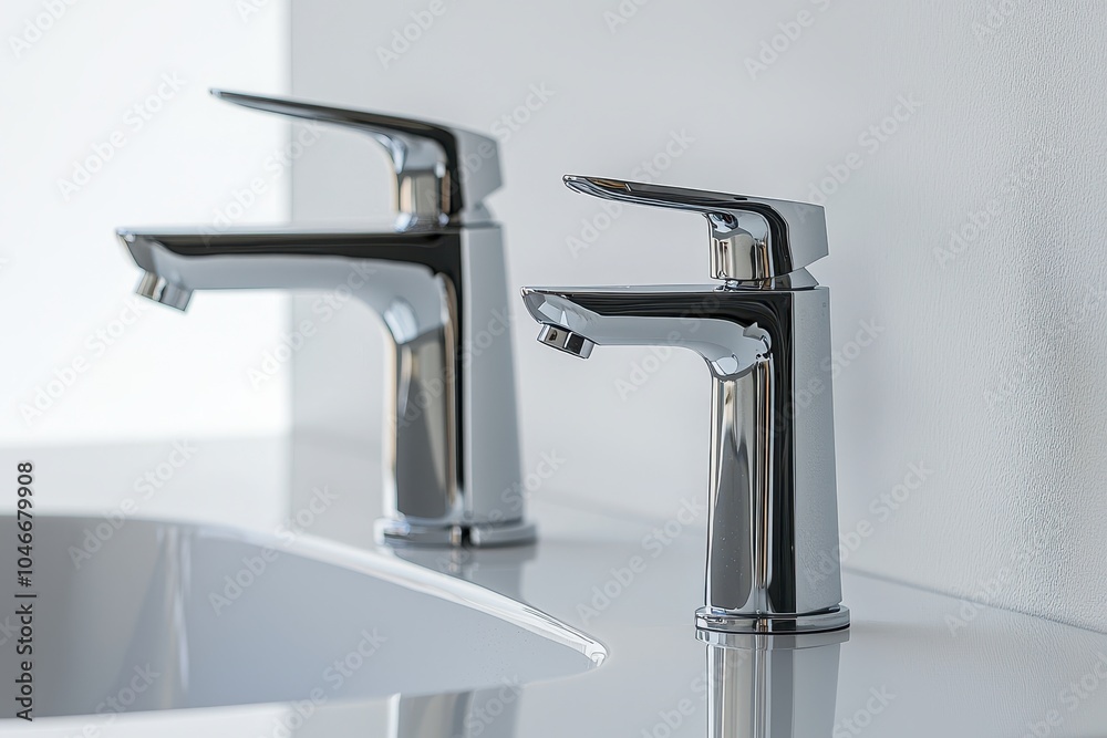 Modern chrome bathroom faucets installed in a minimalist bathroom interior. Ideal for themes related to home improvement, interior design, plumbing, and modern bathroom fixtures. Modern chrome bathroom faucets installed in a minimalist bathroom interior. Ideal for themes related to home improvement, interior design, plumbing, and modern bathroom fixtures.
