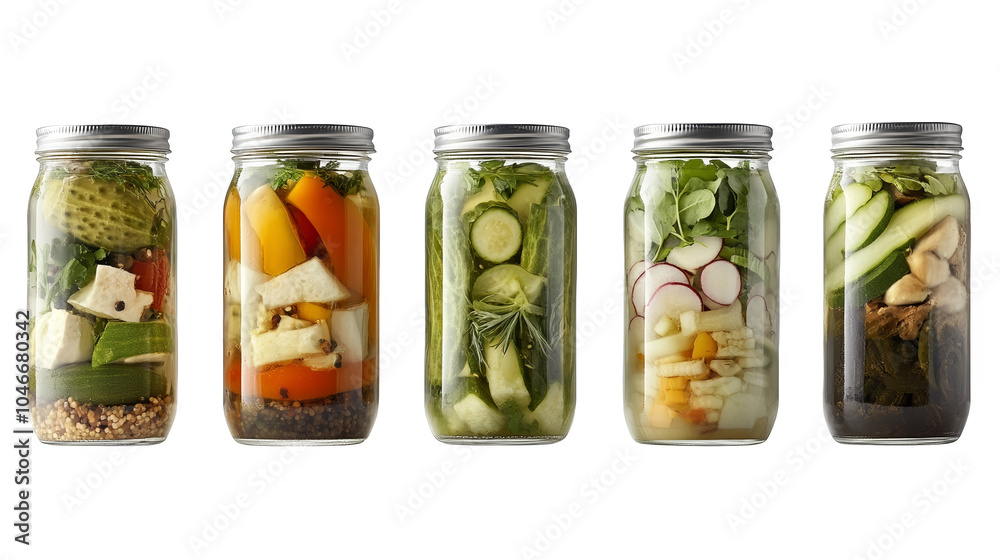 Colorful pantry display, a row of glass jars filled with preserved foods Colorful pantry display, a row of glass jars filled with preserved foods