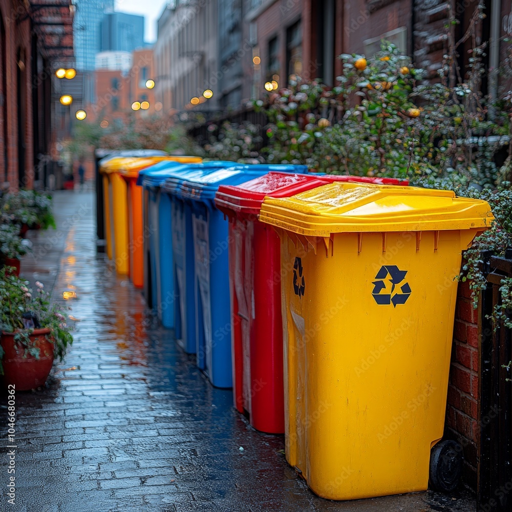 Urban Scene with Colorful Trash Bins in a City Alley Urban Scene with Colorful Trash Bins in a City Alley