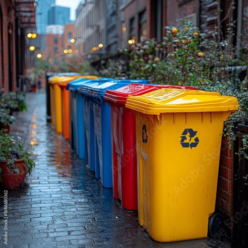 Urban Scene with Colorful Trash Bins in a City Alley