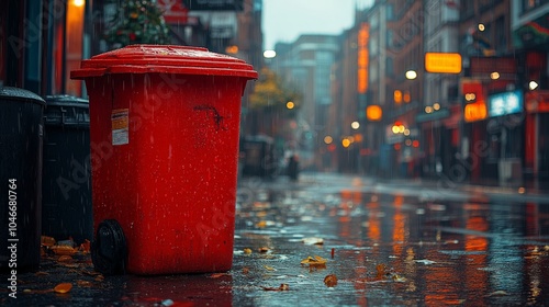 Colorful trash bins in a city alleyway on a rainy day