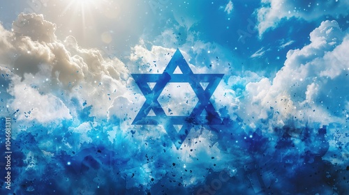 Israeli flag with star of David in sky background photo