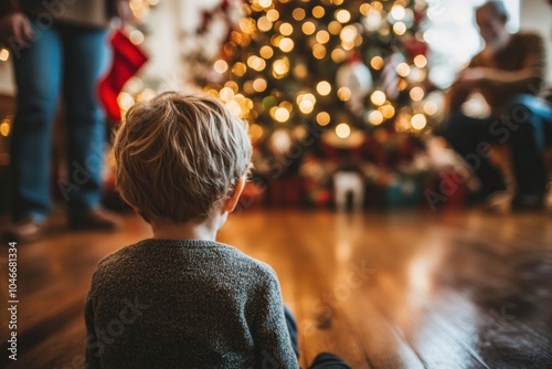 Child sitting in front of a decorated Christmas tree admiring the lights photo