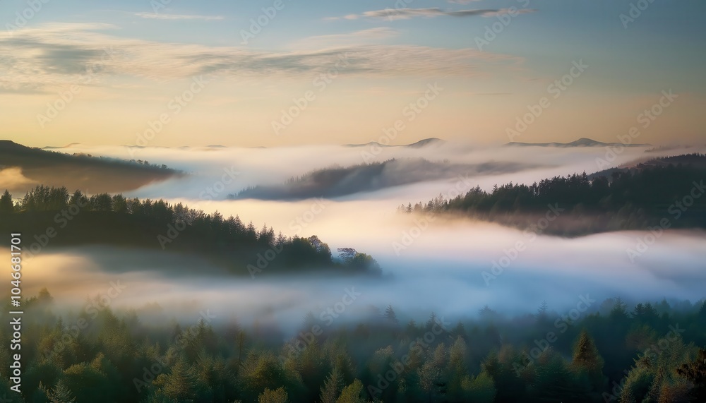 Ethereal Morning Mist Blanketing Pine Forests. Serene Dawn Landscape Dense Fog Rolling Over Mountainous Woodland, Tranquil Beauty of Nature's Mystical Atmosphere in the Golden Hour Ethereal Morning Mist Blanketing Pine Forests. Serene Dawn Landscape Dense Fog Rolling Over Mountainous Woodland, Tranquil Beauty of Nature's Mystical Atmosphere in the Golden Hour