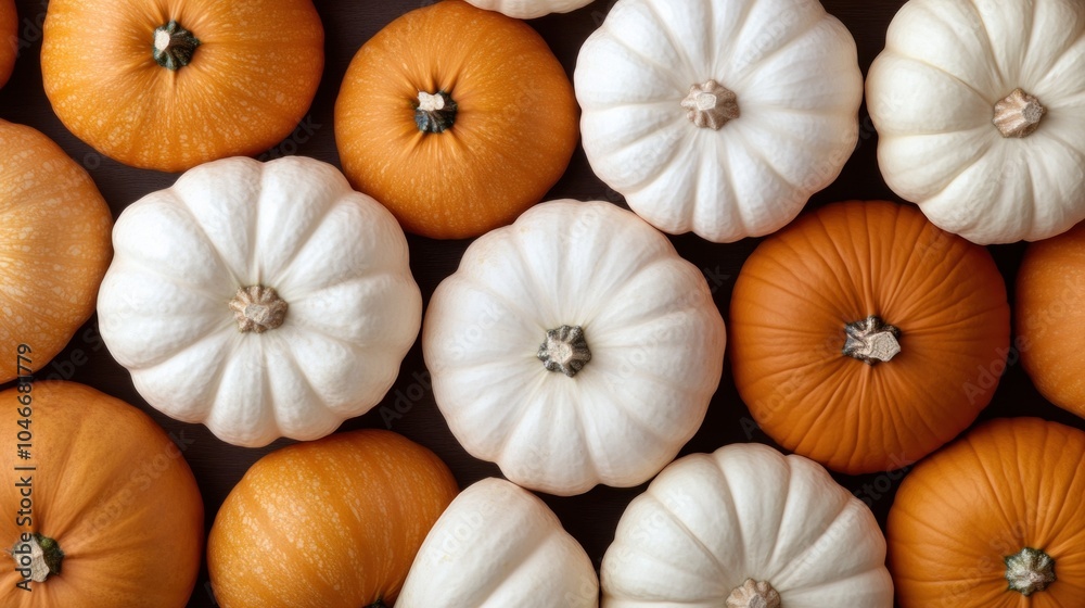 top view shot of orange and white pumpkins arranged in a pattern, perfect for autumn decor, seasonal marketing, and festive promotions top view shot of orange and white pumpkins arranged in a pattern, perfect for autumn decor, seasonal marketing, and festive promotions