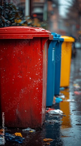 Colorful trash bins in a city alleyway on a rainy day