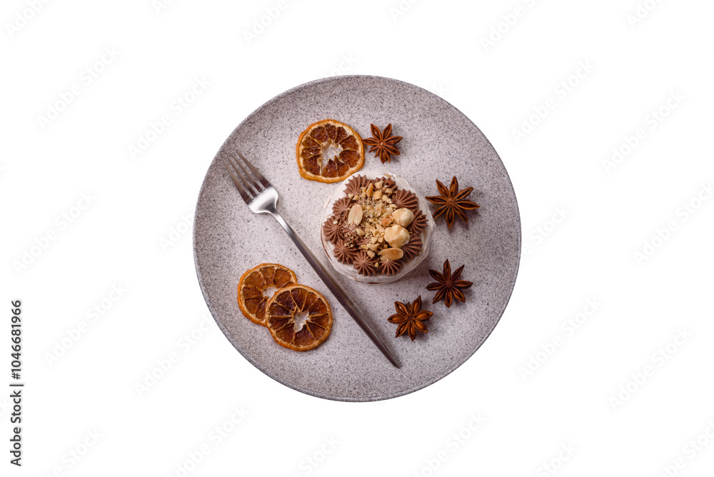 Sweet puff tart with meringue, cream and nuts Sweet puff tart with meringue, cream and nuts