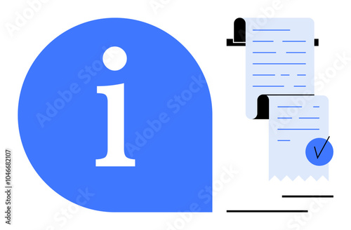 Blue information icon next to a rolled document with a checkmark. Ideal for themes of information, verification, documentation, customer support, and business communication. Modern flat design