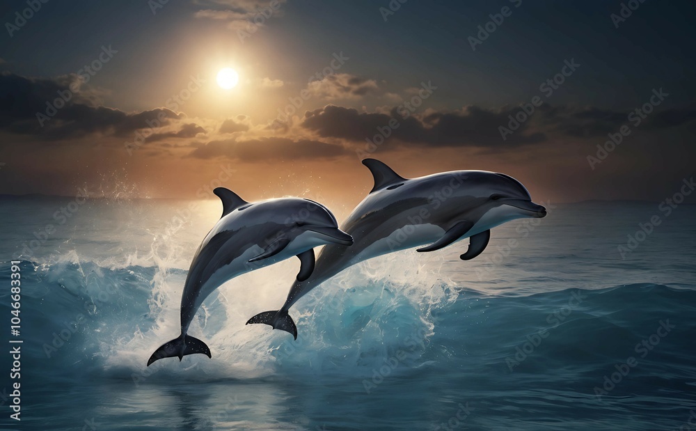 Fototapeta premium Graceful Dolphins in Mid-Jump Over Sunlit Ocean Wave