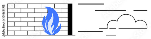 Brick wall with blue flame symbol alongside cloud and horizontal lines. Clear visual representation for firewall blocking unauthorized access. Ideal for technology, cybersecurity, cloud computing