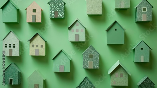 A green background with many different-colored paper houses, creating a visual metaphor for community and real estate.