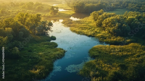 Birdâ€™s-eye view of a tranquil nature reserve with wildlife.